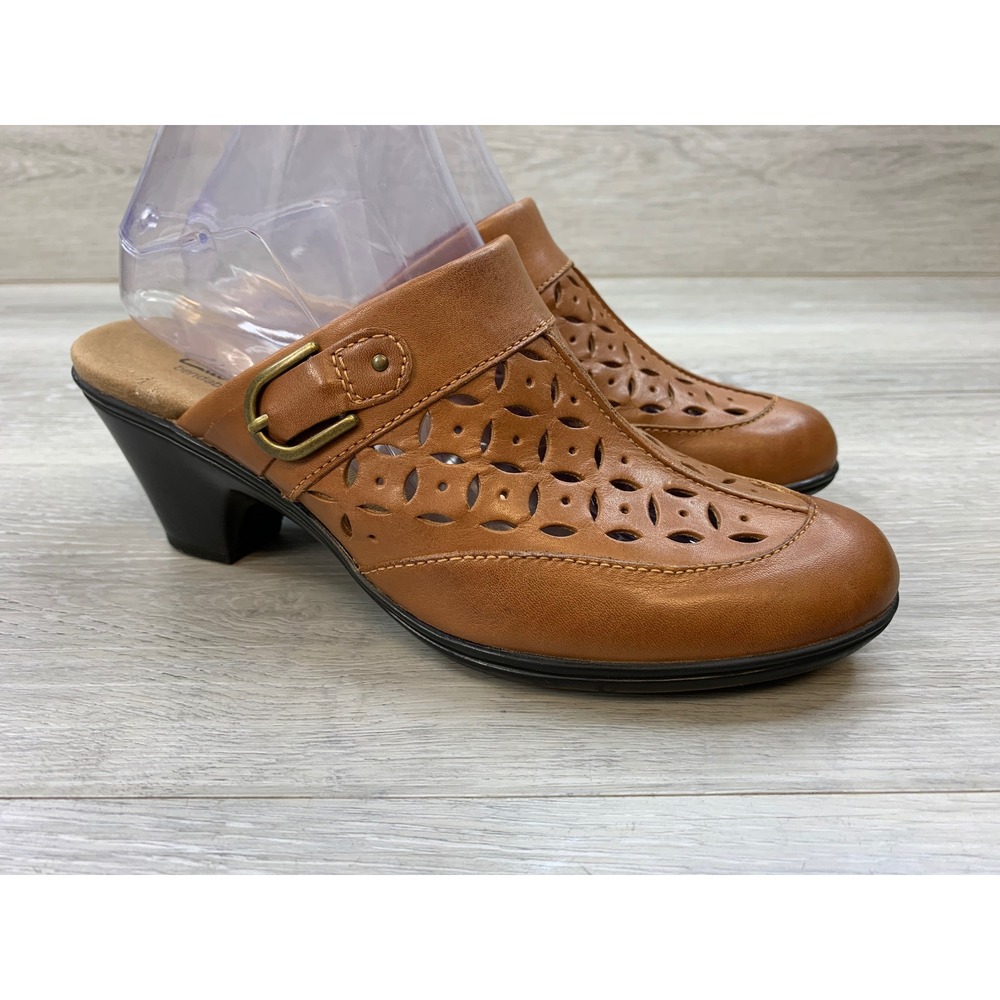 Clarks Women's Tan Leather Perforated Heeled Mules Clogs 7.5 Comfort Shoes